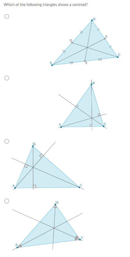 Which of the following triangles shows a centroid?-example-1