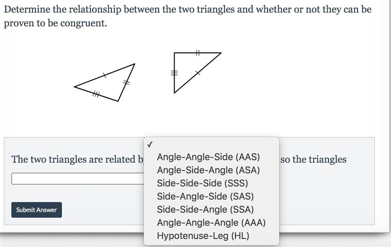 What sides are the triangles and the last box says can be proven or cannot-example-1