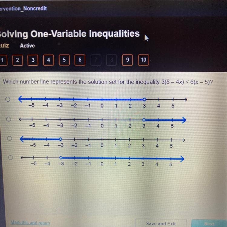 Which number line represents the solution set for the inequality 3(8 - 4x) < 6(x-example-1