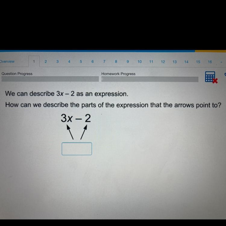 I need to know how to describe the parts of the expression (3x-2)-example-1