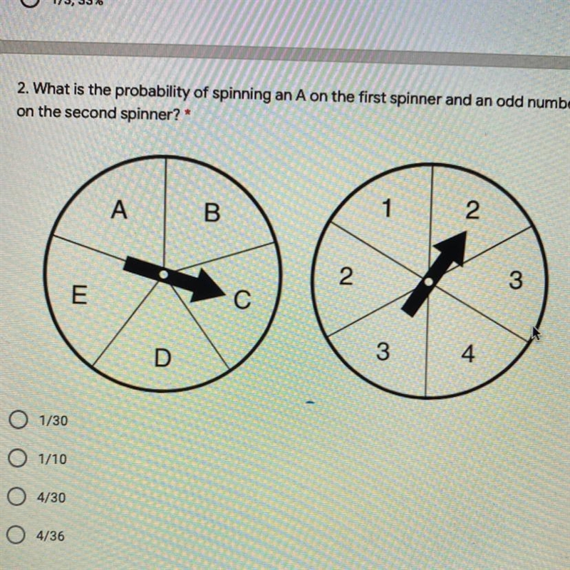 2. What is the probability of spinning an A on the first spinner and an odd number-example-1