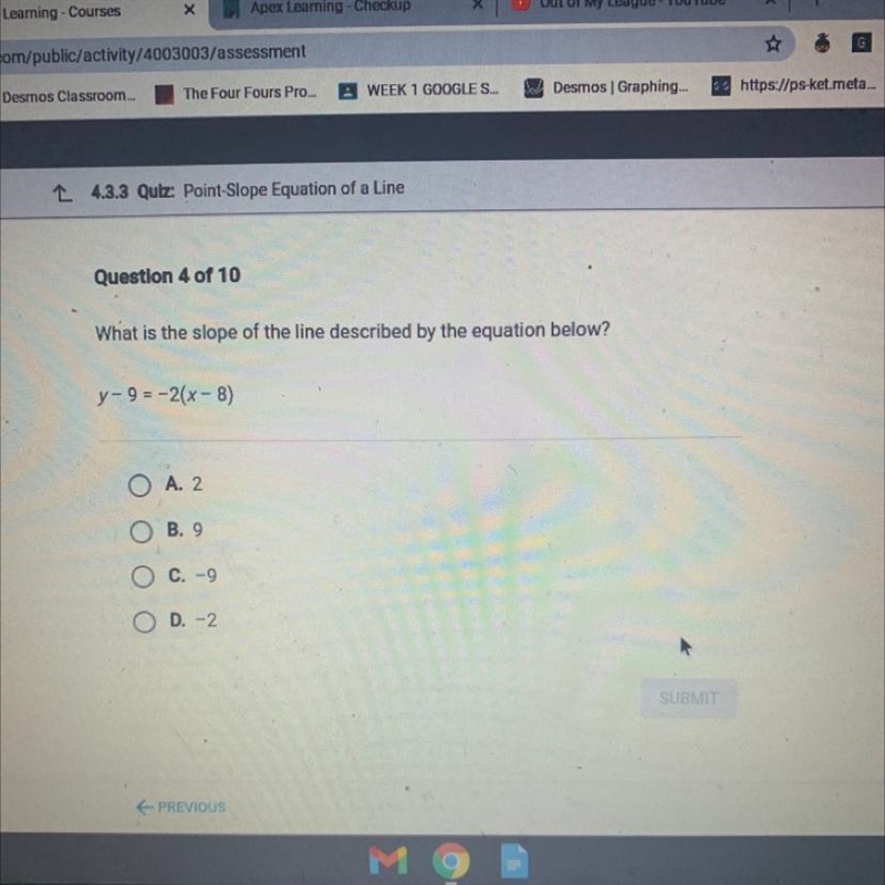 What is the slope of Y-9=-2(x-8)-example-1