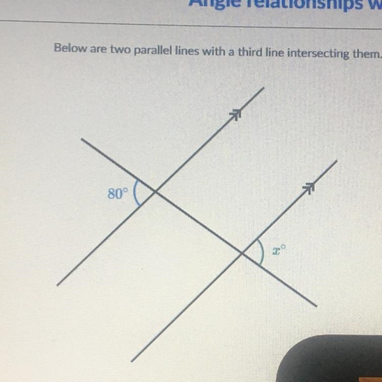 Below are two parallel lines with a third line intersecting them￼ X=|____|°-example-1