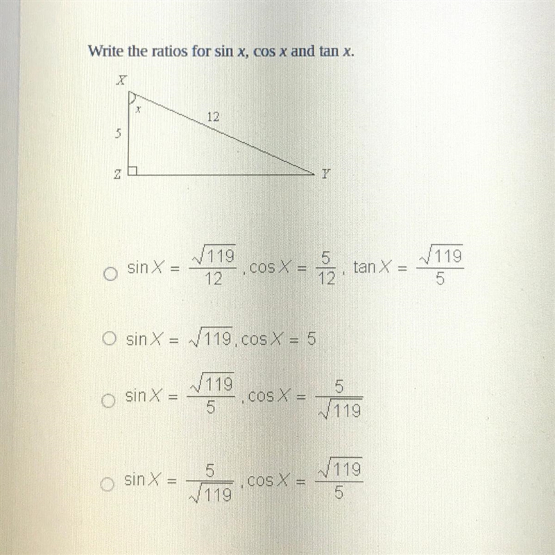 Write the ratios for sin x, cos x and tan x-example-1