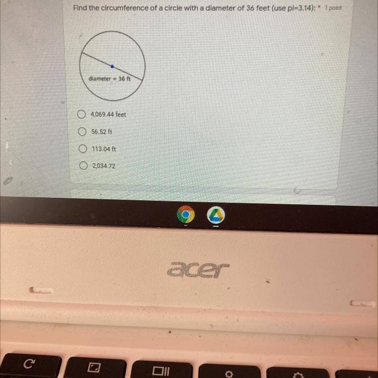 Find the circumference of a circle with a diameter of 36 feet-example-1