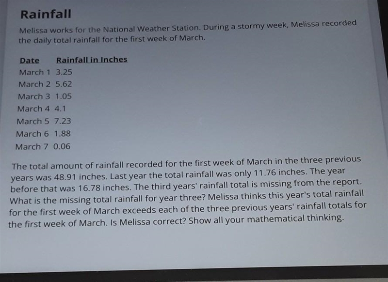 Melissa works for the National Weather Station. During a stormy week, Melissa recorded-example-1