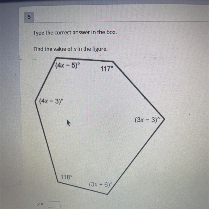 Find the value of x in the figure. (4x-5) 177 (4x-3) (3x-3) 118 (3x+6)-example-1