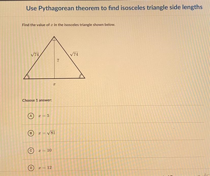 Find the value of x in the isosceles triangle shown below. 74 774 7 2-example-1