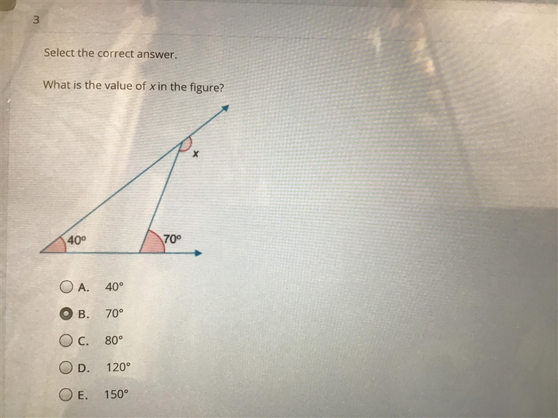 What is the value of x in the figure? A. 40 B. 70 C. 80 D. 120 E. 150-example-1