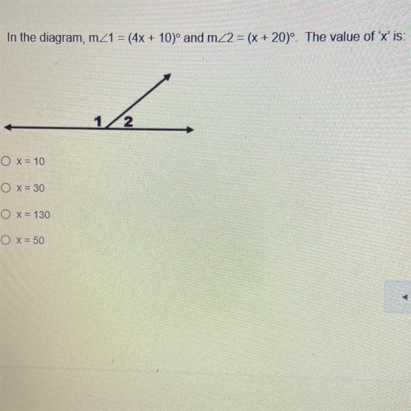 In the diagram, m_1 = (4x + 10)° and mZ2 = (x + 20°. The value of x' is:-example-1