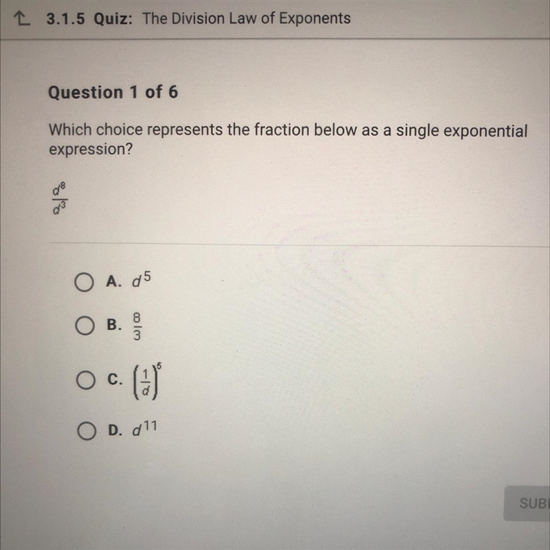 Which choice represents the fraction below as a single exponential expression?-example-1