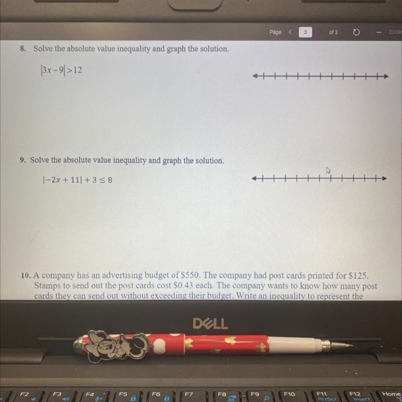 8. Solve the absolute value inequality and graph the solution. |3x - 9]>12 9. Solve-example-1