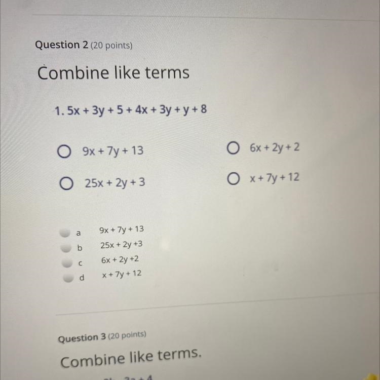 Combine like terms 1.5x + 3y + 5 + 4x + 3y + y + 8-example-1