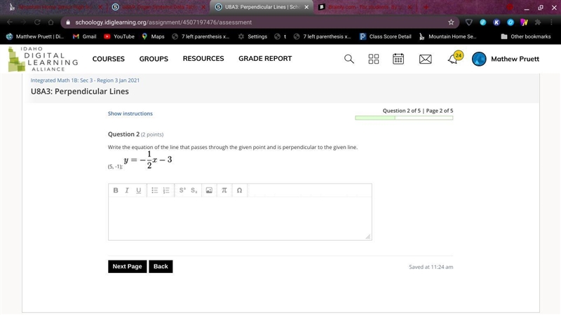 Write the equation of the line that passes through the given point and is perpendicular-example-1