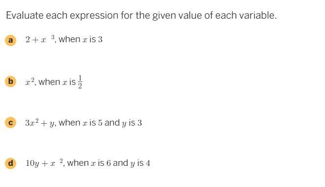 Pls Help!!! Evaluate each expression for the given value of each variable. ...-example-1