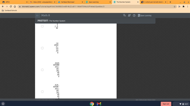 Which caculation and answer show how to conver 5/8 to a decimal?-example-1