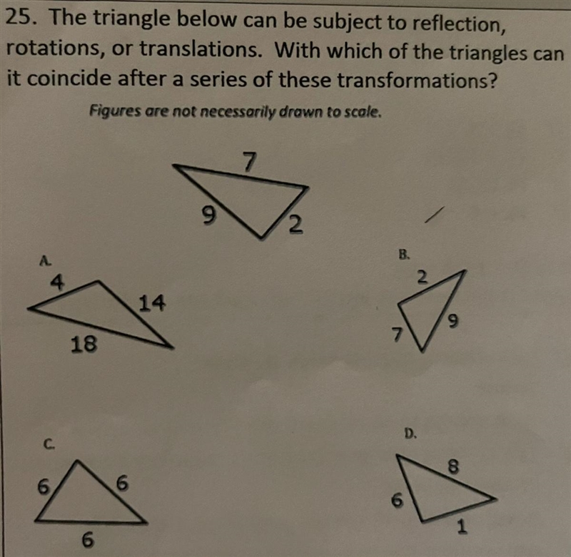 25. The triangle below can be subject to reflection, , rotations, or translations-example-1