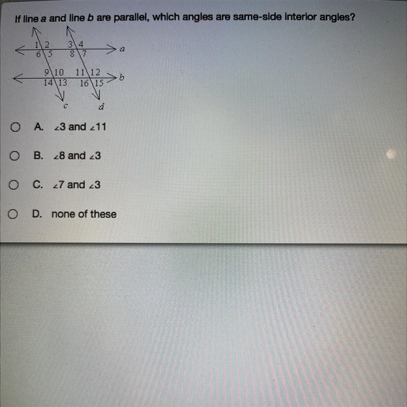 If line a and line b are parallel, which angles are same-side Interior angles? A.23 and-example-1