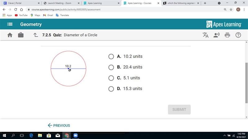 The blue segments below is a diameter of oo. What is the length of the radius of the-example-1