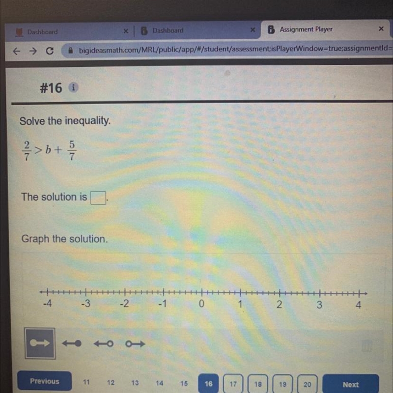 Solve the equation 2/7 > b + 5/7 And graph the solution-example-1