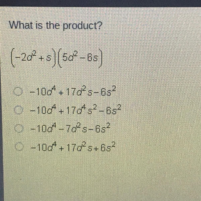 What is the product? (-2d^2+s)(5d^2-6s)-example-1