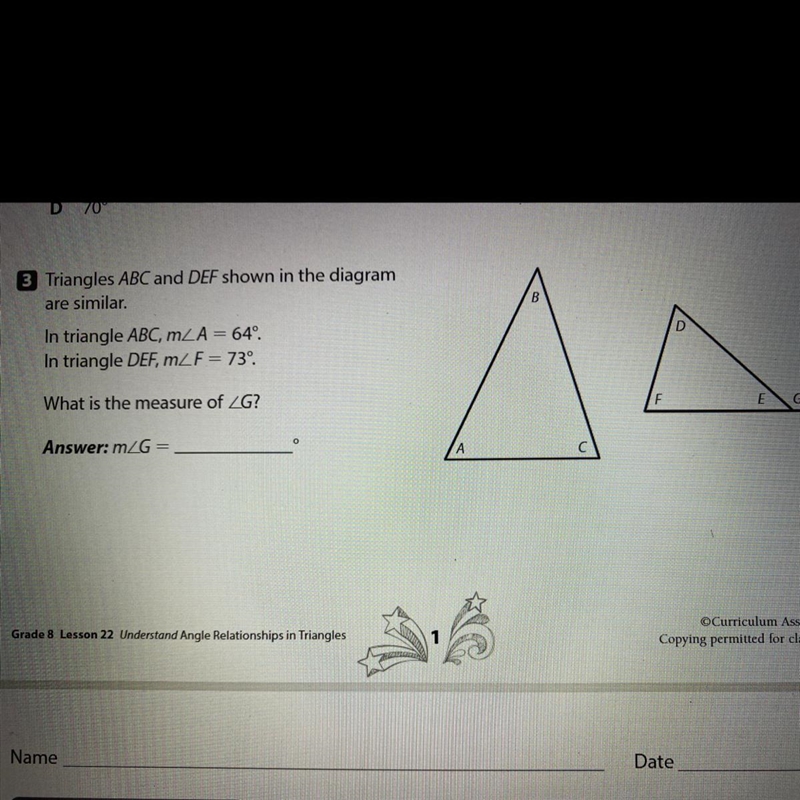 3 Triangles ABC and DEF shown in the diagram are similar. In triangle ABC, mZA = 64°. In-example-1