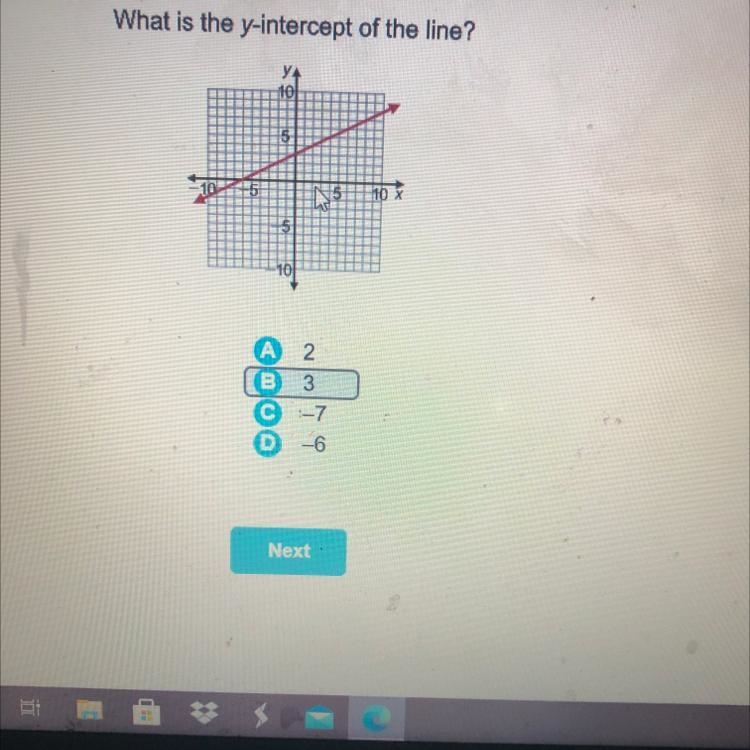 What is the y-intercept of the line? 110 A 2 B 3 000 -7 -6 D-example-1