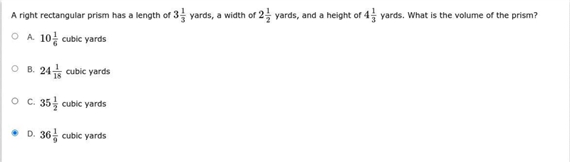 A right rectangular prism has a length of 3 1/3 yards, a width of 2 1/2 yards, and-example-1