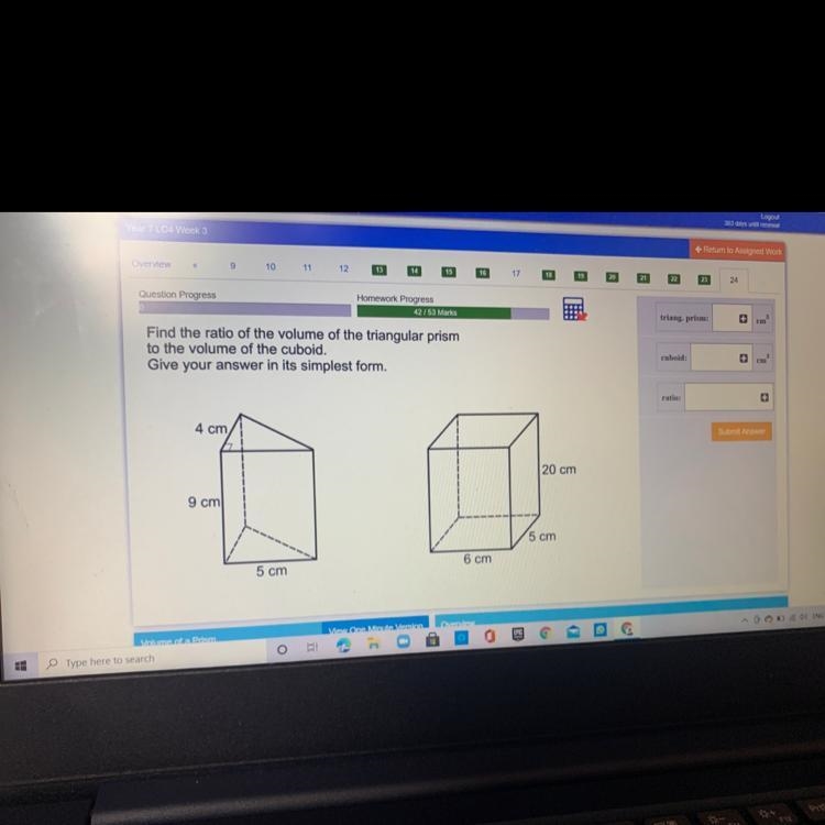 Find the ratio of the volume of the triangular prism to the volume of the cuboid, Give-example-1