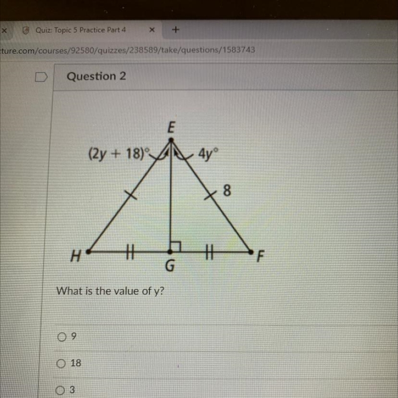 What is the value of y? 09 O 18 O 3-example-1