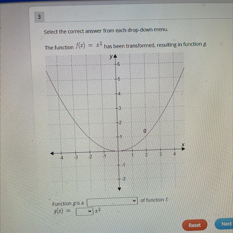 The function f(x) =x^2 has been transformed, resulting in function g. Function g is-example-1