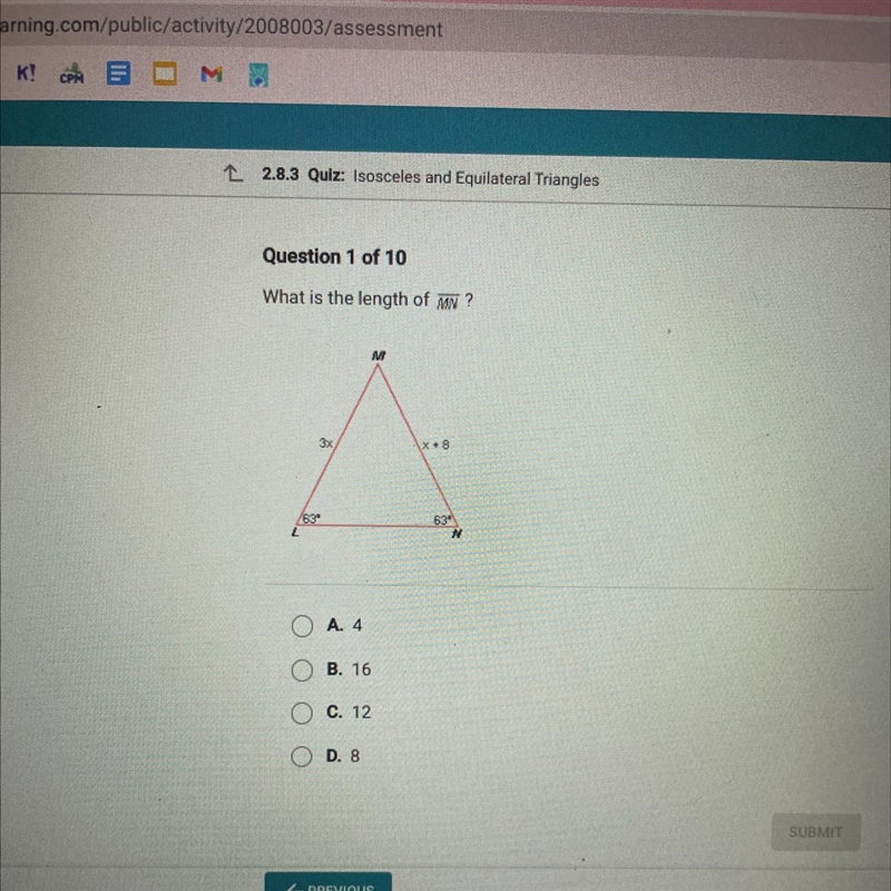 What is the length of my? M 3x x 8 /639 63 w A. 4 B. 16 C. 12 D. 8-example-1