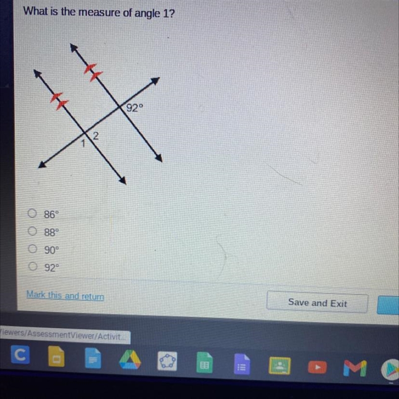 What is the measure of angle 1? VX 920 2 0869 0889 o 90° 92 Mark this and retum Save-example-1