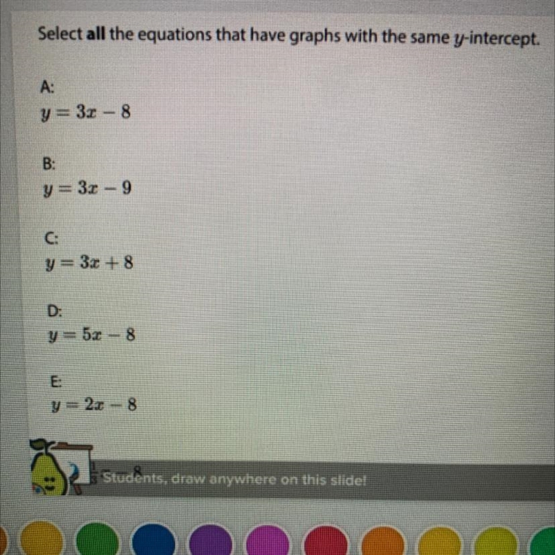 Select all the equations that have graphs with the same y-intercept. A: y = 3x - 8 B-example-1