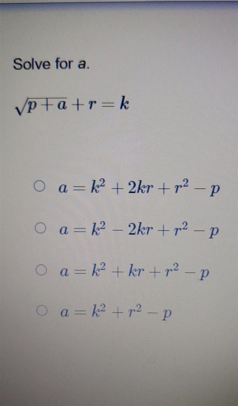 Solve for a. p + a + r = k ​-example-1