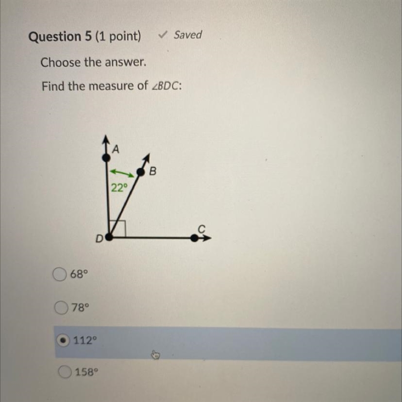 Find the measure of 2BDC: B 22° D 689 78° 112° 158°-example-1