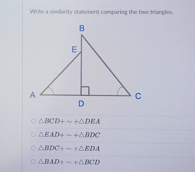 Write a similarly statement comparing the two triangles​-example-1