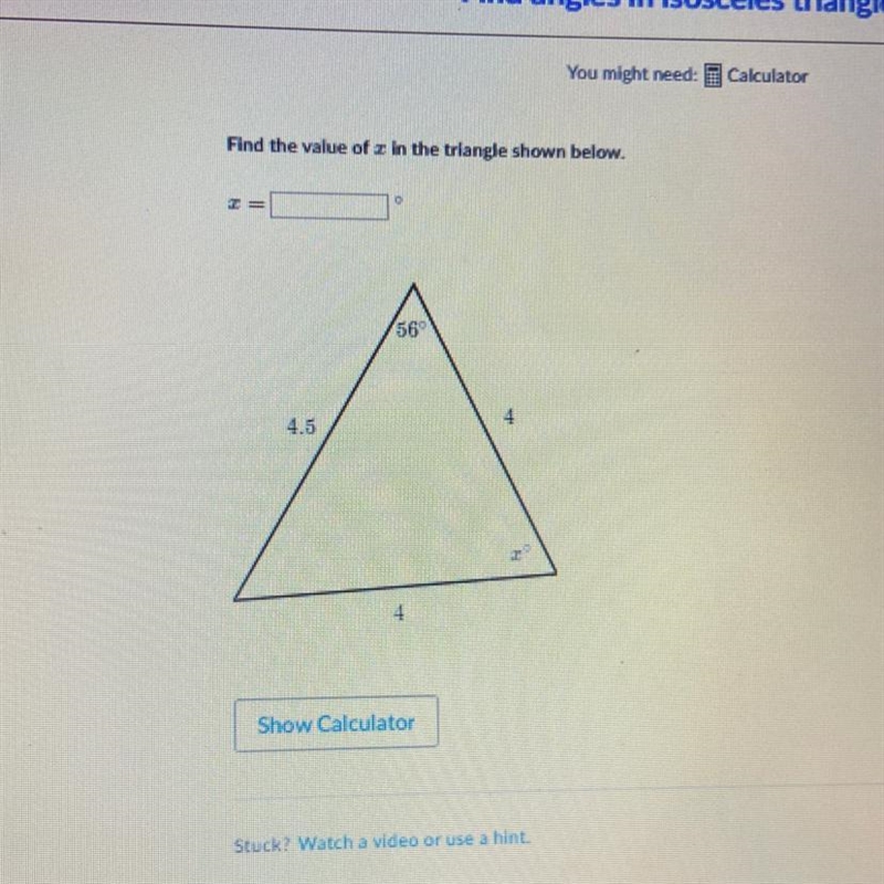 Find the value of z in the triangle shown below.-example-1