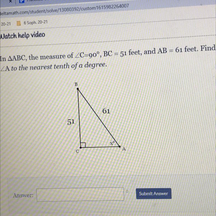 In AABC, the measure of ZC=90°, BC = 51 feet, and AB = 61 feet. Find the measure of-example-1