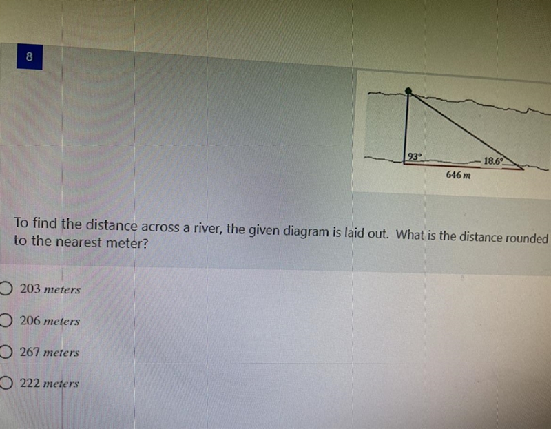 To find the distance across the river, the given diagram is laid out. what is the-example-1