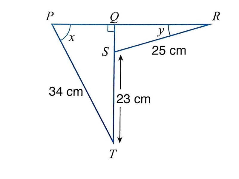 The diagram shows two right-angled triangles. PQR and QST are straight lines. It is-example-1