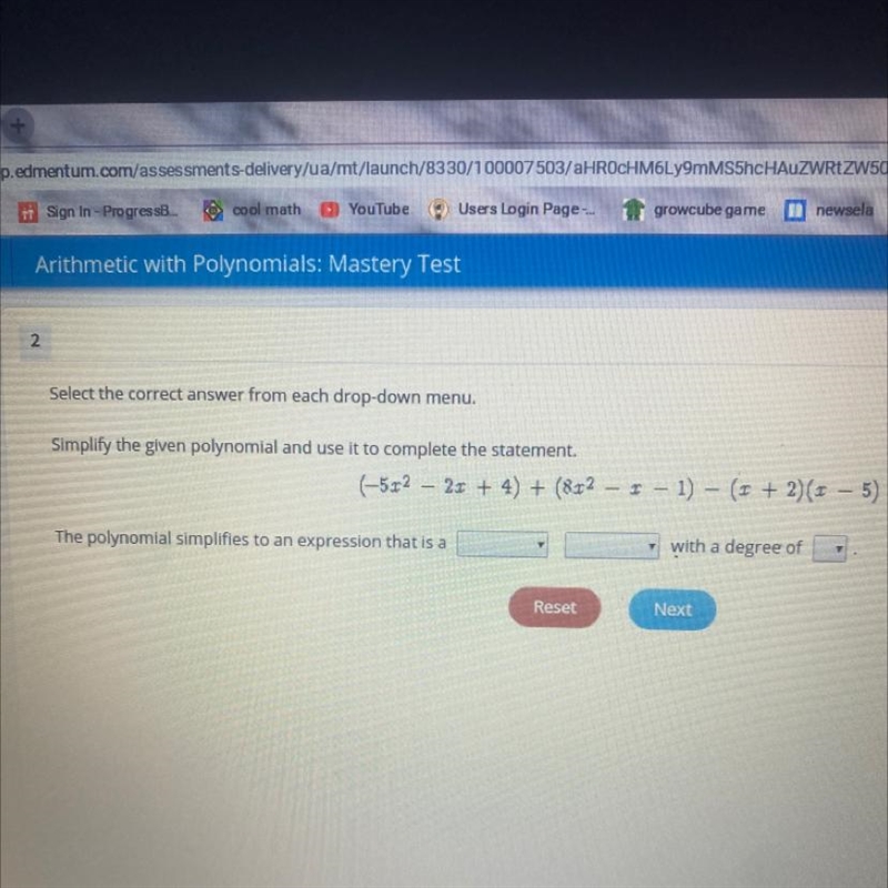 2 Select the correct answer from each drop-down menu. Simplify the given polynomial-example-1