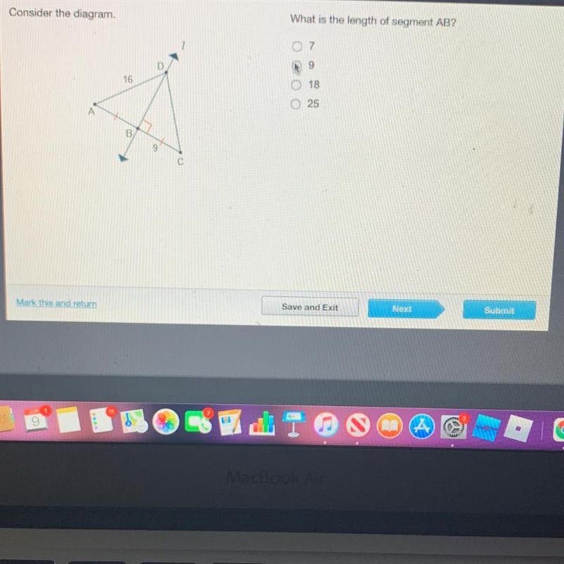 Consider the diagram. What is the length of segment AB? 9 16 ОООО 18 B) 9 С-example-1