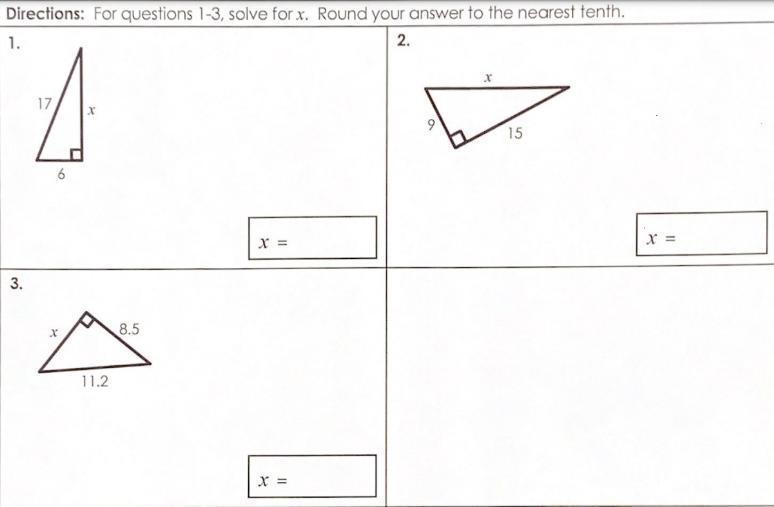 I got three questions that need to be answered. For questions 1-3, solve for x. Round-example-1