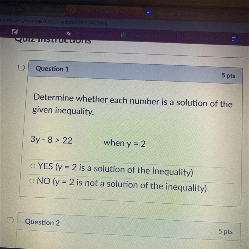 Determine whether each number is a solution of the given inequality. 3y - 8 > 22 when-example-1