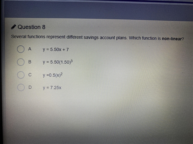 Several functions represent different savings account plans. Which function is nonlinear-example-1