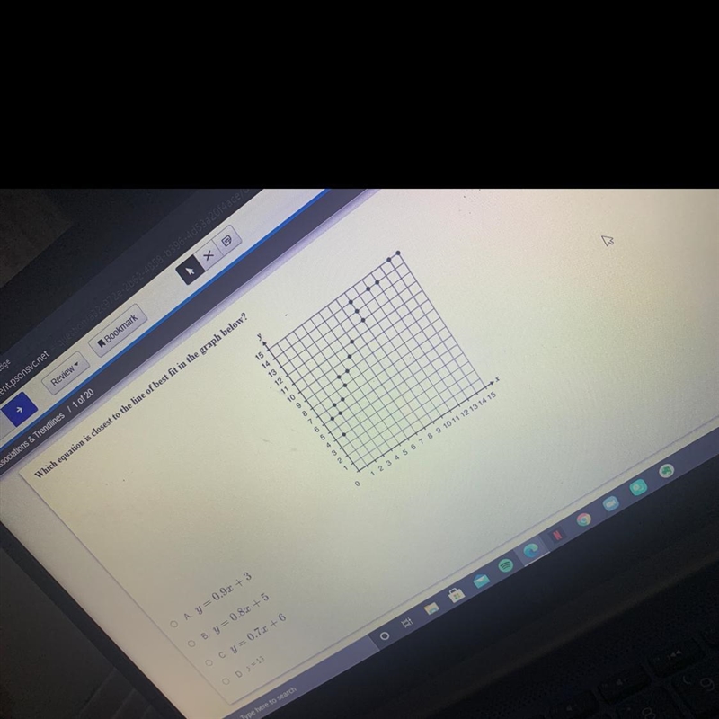 Which equation is closest to the line of best fit in the graph below ?-example-1