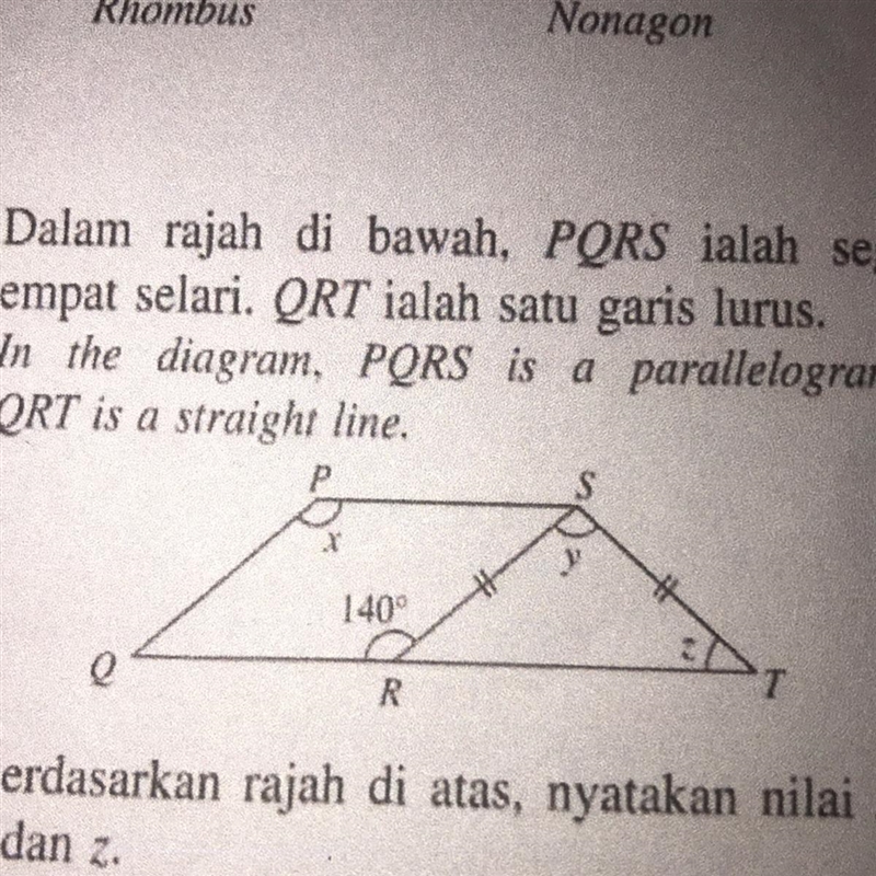 in the diagram, PQRS is a parallelogram. QRT is a straight line. Based on the diagram-example-1