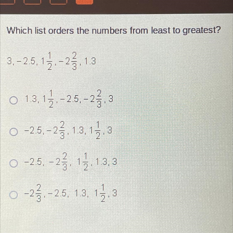 Which list orders the numbers from least to greatest?-example-1