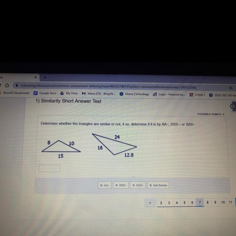 Determine whether the triangles are similar or not, if so, determine if it is by AA-example-1